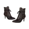 Botas femininas Martin de bico fino para outono e inverno, com solado de borracha, cadarço, cor sólida versátil, novo modelo de salto alto baixo