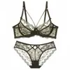 Conjunto de Roupas Íntimas Sexy de Renda Rosa para Mulheres Tamanho Grande Pura Luxúria Sutiã Transparente Mostrando Seios Grandes Pequeno Sutiã Push-Up Ultrafino