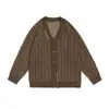 Suéter Cardigan de Malha com Listras Maillard Neutras de Fábrica para Primavera e Inverno para Meninos e Meninas Estilo Preppy Retrô Gola V Tendência