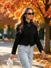 Nueva chaqueta corta abotonada de estilo chino con cuello mao para mujer, estilo corte vintage con charreteras y ribete de encaje, abrigo corto negro