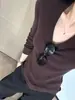 Tricô Marrom de Gola U Grande e Decote U Longo para Mulheres Outono e Inverno Top de Tricô Slim Curto para Usar por Baixo