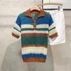 Camisa Polo Camiseta Top Tricô Listrado Contrastante Estilo Retrô Americano Masculino e Feminino Lar Solto Casual Manga Curta