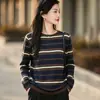 Suéter de punto de algodón puro para mujer, con cuello redondo, bloques de color, multirayas, de manga larga, corte holgado, adecuado para primavera y otoño, cómodo contra la piel, ideal para usar en capas.