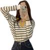 Camiseta de Fondo de Punto Rayada Retro de Manga Larga para Mujer Otoño e Invierno 2022 Nuevo Estilo Coreano Solapa Trendy para Mujer