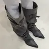 Botas apiladas plisadas de punta única, nuevo modelo primavera 2026, circunferencia de pantorrilla ancha, botas largas con hebilla de cinturón, botas altas de montar