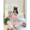 Pijama de Manga Larga con Borde de Color Contrastante para Mujer, Primavera y Otoño, Cardigan con Solapa, Algodón Nube, Doble Estampado Largo, Ropa de Casa, Conjunto de Dos Piezas