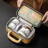 Conjunto de chá de viagem em cerâmica preta, alça resistente ao calor, bule portátil com duas xícaras, conjunto de chá de viagem Mil Li de Rios e Montanhas com bandeja para infusão a seco