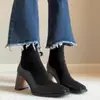 Botines retro franceses de patchwork marrones elásticos ajustados para mujer, punta cuadrada, cremallera trasera, tacón alto, botines calcetín para mujeres petite