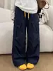 Pantalones Cargo con Cordón de Color Contrastante para Mujer, Primavera Otoño, Nuevo Diseño, Cintura Alta, Múltiples Bolsillos, Caída, Adelgazantes, Casuales, Pierna Ancha