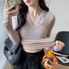 Blusa Quente Feminina Manga Longa Outono e Inverno Forrada com Lã Espessada Renda Decote V Roupas de Outono Camisa Base Justa Roupa Externa