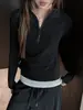 Camiseta Feminina Manga Longa com Meio Zíper em Lã Tencel 2026 Novo Estilo Gola Meio Alta Slim Fit Top Aconchegante Escovado