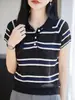 2026 Verano Nuevo Camisa de Punto con Cuello Polo de Tencel Lyocell Manga Corta Bloque de Color Rayas Top Holgado Camiseta
