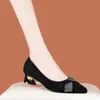 Sapatos de Salto Alto Femininos Bico Fino Pretos com Strass 2025 Outono Novo Salto Grosso Confortáveis Sapatos de Trabalho de Salto Baixo
