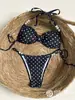 Biquíni halter retro de bolinhas com pérolas, conjunto de duas peças sexy com amarração, perfeito para férias e moda praia