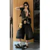 Shorts jeans de cintura alta e perna larga, preto e cinza, para mulheres, novo estilo de verão, soltos e modeladores, calças cropped para baixinhas com bom caimento