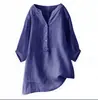 20234 Verano Holgada Talla Grande Mujer Cuello en V Delantero Corto Trasero Largo Algodón Lino Longitud Media Cómoda Delgada Camisa