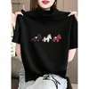 Camiseta feminina de algodão puro, manga curta, gola alta meia, escovada e espessa, branca, estilosa e versátil, top base para moda outonal