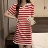Vestido de Punto con Cuello Polo a Rayas Coreano para Mujer, Elegante, Holgado, Diseño Adelgazante, Cuello en V, Manga Corta, Vestido Corto para Verano