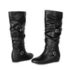 Botas de Cano Alto Redondas de Cor Sólida Outono Inverno Transfronteiriças Leves de Calçar Salto Anabela Botas Femininas Tamanhos Grandes Sapatos de Comércio Exterior Meio Salto Botas da Moda