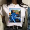 2022INS Niña de Cabello Afro Rizado Niña Negra Estampado de Dibujos Animados Cuello Redondo Manga Corta Top Camiseta Blanca Estudiante
