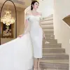 Vestido Formal de Um Ombro Estilo Francês para Registro, Elegante Vestido Branco de Noite, Vestido Branco Simples para Mulheres Baixas