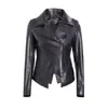 Chaqueta de cuero biker de dobladillo irregular para otoño e invierno para mujer, cuello solapa, cremallera diagonal, chaqueta corta ajustada de cuero, abrigo negro