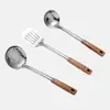 Utensilios de Cocina de Acero Inoxidable con Mango de Madera, Cuchara Doméstica Antiescaldado, Espátula para Cocinar, Espátula para Freír de Cocina, Cuchara, Cuchara Ranurada, Cuchara para Sopa, Espátula Ranurada