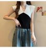 Colete Curto Sem Mangas Justo com Decote V e Patchwork em Cores Contrastantes Design 2025 Top de Verão para Garota Quente para Mulheres