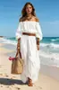 Vestido europeo y americano de vacaciones transfronterizo con hombros descubiertos para mujer, vestido largo de playa con manga abullonada, vestido largo holgado para vacaciones en la costa