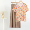 Camiseta Feminina de Algodão e Seda Calça de Algodão e Linho Verão Fresca e Rápida Floral Floral Algodão Seda Artificial Manga Curta Top Calça Cobertura