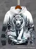Sudadera con Capucha Impresión 3D Bestia Feroz - Tigre, León, Lobo Estampado Completo Estilo Callejero Corte Holgado Sudadera para Hombres Modernos