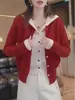 Cardigã de tricô com capuz estilo coreano, duas peças falsas, coleção de outono, plus size, projetado para silhuetas curvilíneas, jovem e valorizador, caimento solto, manga longa