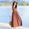 Novo Vestido de Algodão e Seda Francês Feminino Verão Sem Mangas Vestido Colete de Alta Qualidade Cor Vestido Longo de Praia para Férias na Praia