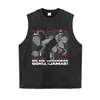 Camiseta Tendência Lavada Desgastada Gola Redonda Padrão Anime Retrô Caimento Solto Duas Dimensões Verão Casual