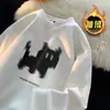 Sudadera Redonda de Manga Larga para Hombre Estilo Hong Kong High Street Moderna con Estampado de Gato Forro Polar/Delgada Holgada Versátil Top Básico