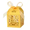 Caja de dulces para boda con corte de papel de patrón de ventana hueca con lazo de cinta, caja de papel para recuerdos de boda, caja de regalo de dulces, caja de embalaje para bodas