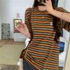 2025 Nuevo Verano Estilo Hong Kong Retro Suelto Versátil Camiseta Top Ins Rayas Retro Contrastantes Camiseta de Manga Corta para Mujer