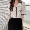 Verano Nuevo Transfronterizo Seda de Hielo Color de Contraste Pequeño Fragante Tejido de Punto Polo Manga Corta para Mujer Cardigan de Verano Protección Solar Top Delgado