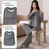Novos Pijamas para Mulheres 100% Algodão com Sutiã Embutido Manga Longa Calça Longa Usável Todo em Algodão Confortável Roupa de Casa Conjunto de Cor Sólida