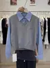 [Terciopelo Ártico] Suéter de punto tipo camisa, falso dos piezas, patchwork, para mujer, estilo coreano, nueva colección de otoño, suéter versátil con cuello en V