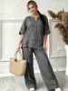 Conjunto de dos piezas para mujer transfronterizo, cuello redondo, un solo botón, top holgado de manga corta + pantalones de pierna ancha de cintura alta, conjunto casual holgado