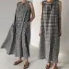 Colete Original de Xadrez Preto e Branco Solto Sem Mangas Vestido Longo para Mulheres