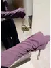 Camiseta Morada de Manga Larga Off-Shoulder de Lino Lyocell Laareeto para Mujer, Top Corto de Otoño, Adelgazante y Versátil