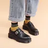 Zapatos Bajos de Cuero con Suela Gruesa y Hebilla para Mujer 1461 Transfronterizos, Piel Genuina, Estilo Británico, Casual, Estudiante, Suela de Plataforma de Grosor Medio