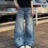 Jeans Rectos de Pierna Ancha con Textura Desgastada de la Alta Calle Americana para Hombre, Tendencia Primavera y Otoño, Marca Retro Versátil, Pantalones Largos