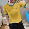 Camiseta de manga corta de algodón flameado de estilo coreano de verano de talla grande para mujer, bordada, holgada, con contraste de color y combinable, popular este año