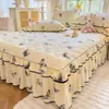 Faldón de cama acolchado grueso estilo princesa pieza única algodón lavado funda de edredón estilo coreano cubrecama juego de tres o cuatro piezas cubierta de colchón con encaje