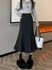 Nova saia midi 2026 para mulheres, elegante saia lápis preta de lã com barra em cauda de peixe, saia evasê A14330