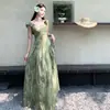 Vestido Verde Estilo Francés con Tirantes Finos y Mangas Cortas Volantes, Gasa, Cintura Hermosamente Ceñida, Vestido Largo Floral para Fiesta, Color de la Foto, Corte Ajustado