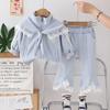 Traje de Cor Sólida Estilo Coreano para Meninas Conjunto de Três Peças Cardigan com Capuz e Laço Novo para Primavera e Outono Roupas Infantis Tendência Atacado